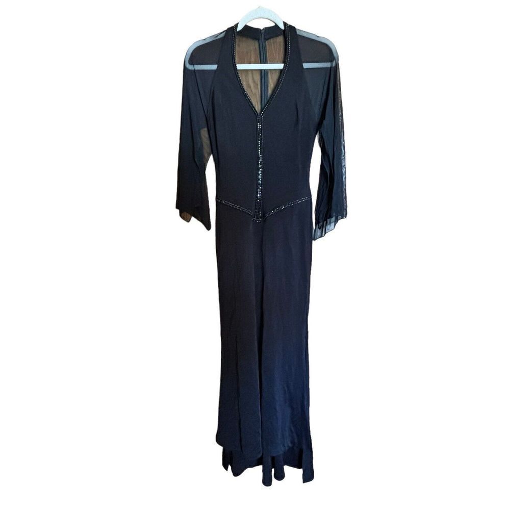 Nicole Bakti Dress Womens Small Black Mesh Embellished Long Evening Maxi Gown